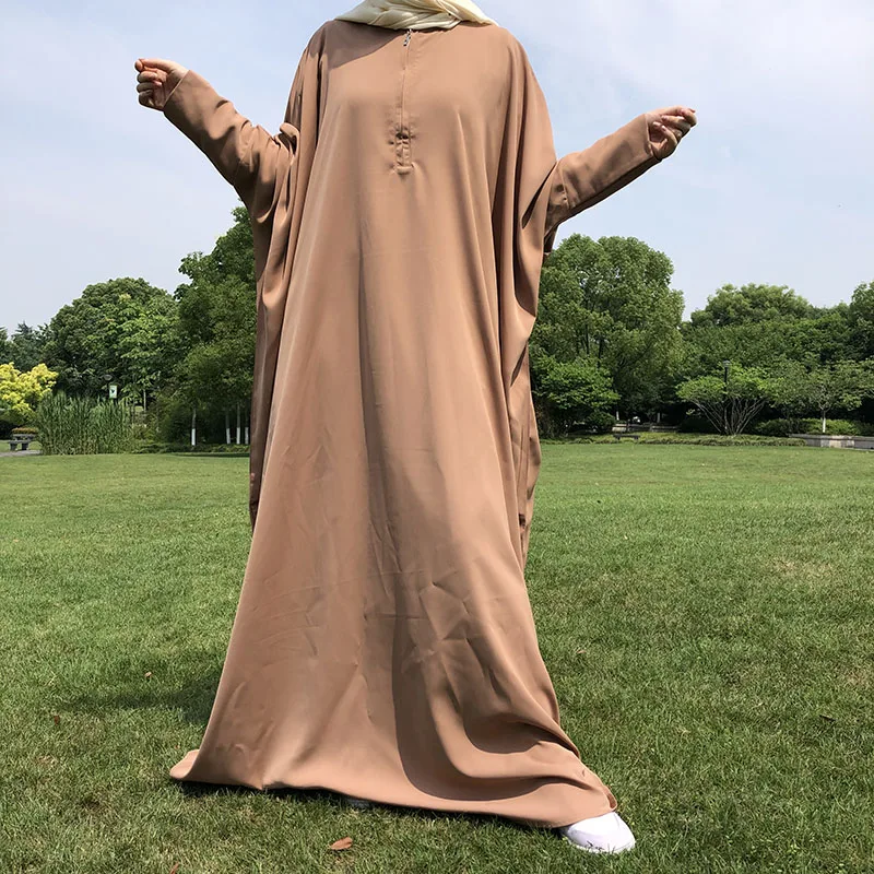 Flowy Nida Abaya Front Zipper Easy Breast One Piece Prayer Garment Slim Sleeve Islamic Clothing Muslim Women Modest Maxi Dresses