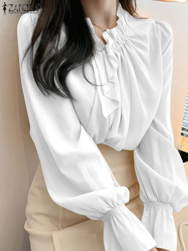 

Женские осенние блузки ZANZEA 2022, модные однотонные рубашки, блузы с пышными рукавами, Женская туника с бантом, Повседневная Блузка оверсайз, о...