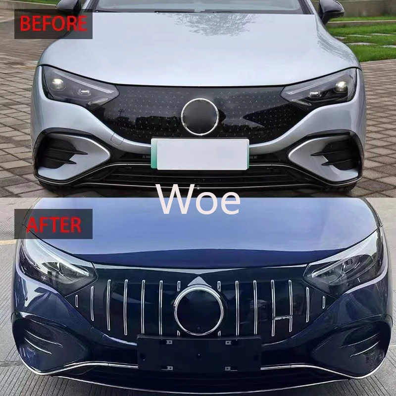 Фото Передняя решетка радиатора Woe Car для Mercedes-Benz EQE Class W295 V295 EQE350 EQE450 EQE500 2022-2024, верхняя сетчатая накладка в стиле GT, комплект обвеса №2