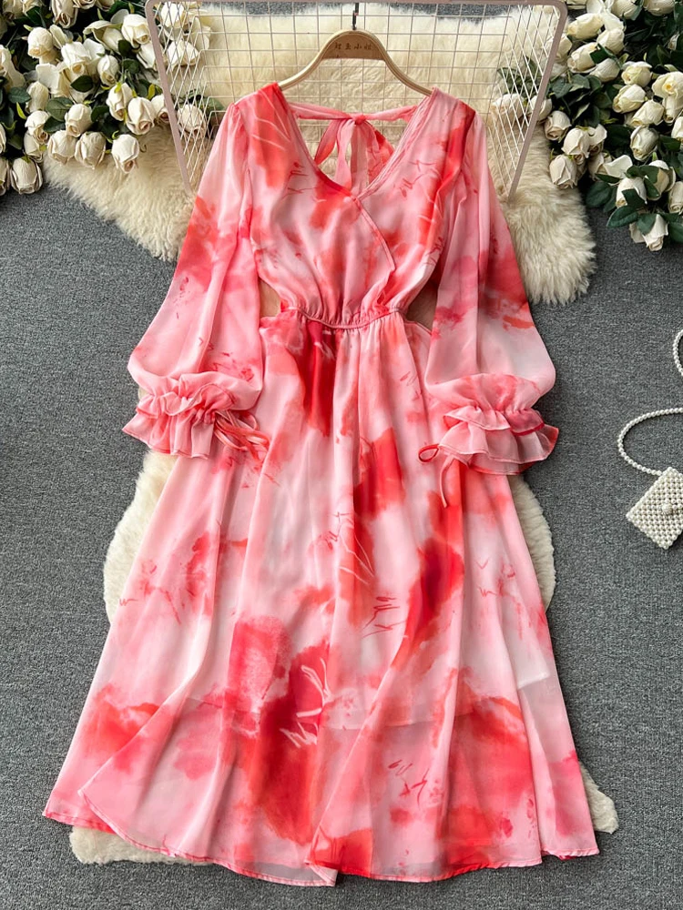 

YuooMuoo женское платье, модное романтическое шифоновое длинное платье с принтом, шикарное элегантное женское платье