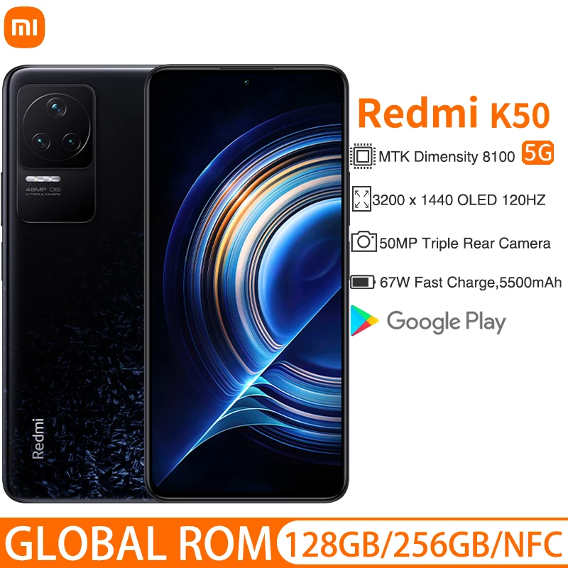 

Global Rom Xiaomi Redmi K50 MTK Dimensity 8100 2K OLED 120HZ Screen 50MP Camera 67W Fast Charge 5500mAh Battery 5G Smartphone
