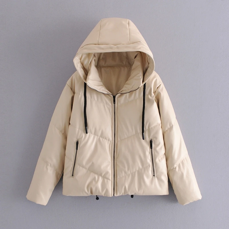 Black/Beige Oversized Warm Overcoat New Style Loose Hooded Coat Fashion Zipper Pocket PU Leather Winter Women Jacket Parkas