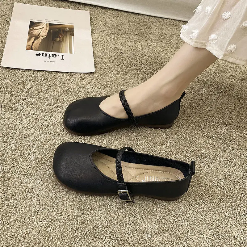 Designer Braid Sqaure Toe Mary Janes Shoes for Women Shallow V neck Mouth Ballearia Flats Soft Footwear Mom Leather Mocasins