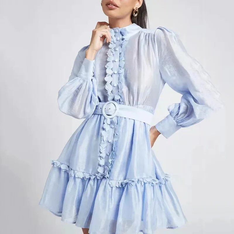 

2022 Summer New Light Blue Dress A-line Lace Stitching Lace Women's Dress Folds Ruffled Hem Lantern Sleeve Solid Elegant Dress