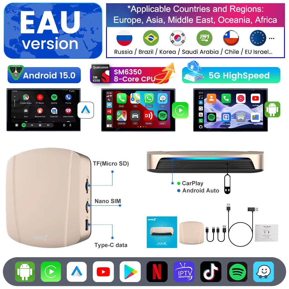 

CarlinKit Ultra box Android 15.0 SM6350 ТВ-приставка CarPlay Беспроводной Android Авто Беспроводной адаптер Поддержка Youtube Netfilx IPTV GNSS