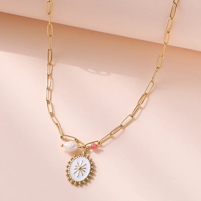 

Simple Luxury Enamel Choker Necklaces for Women Trendy Gold Stainless Steel Pearl Crystal Pendant Necklace Fashion Jewelry 1Pc