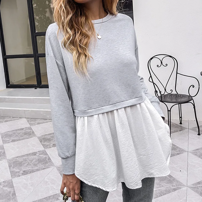 

Round neck hoodie women's patchwork light grey medium length women's top
