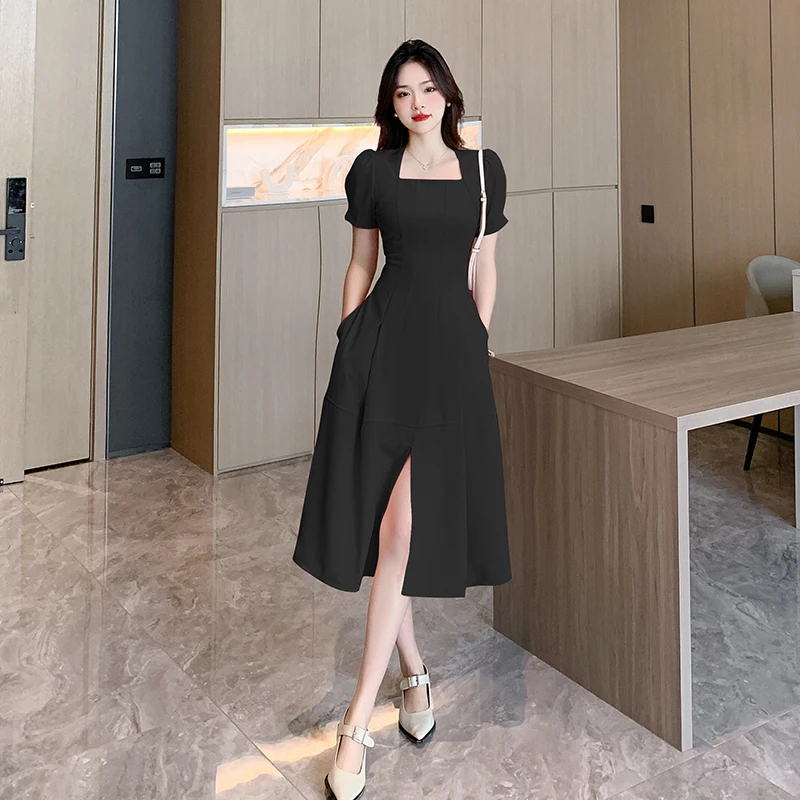 

Элегантные шикарные женские платья средней длины, новинка 2023, летняя модная женская одежда с квадратным вырезом и коротким рукавом, корейск...