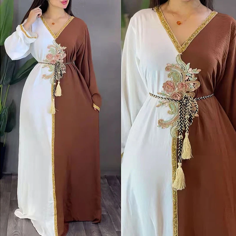 Ensemble Femme Musulmane Eid Mubarak Abayas 3D Flowers Chiffon Dress Inner 2 PCS Set Djellaba Femme Women Dubai Turkish Robes