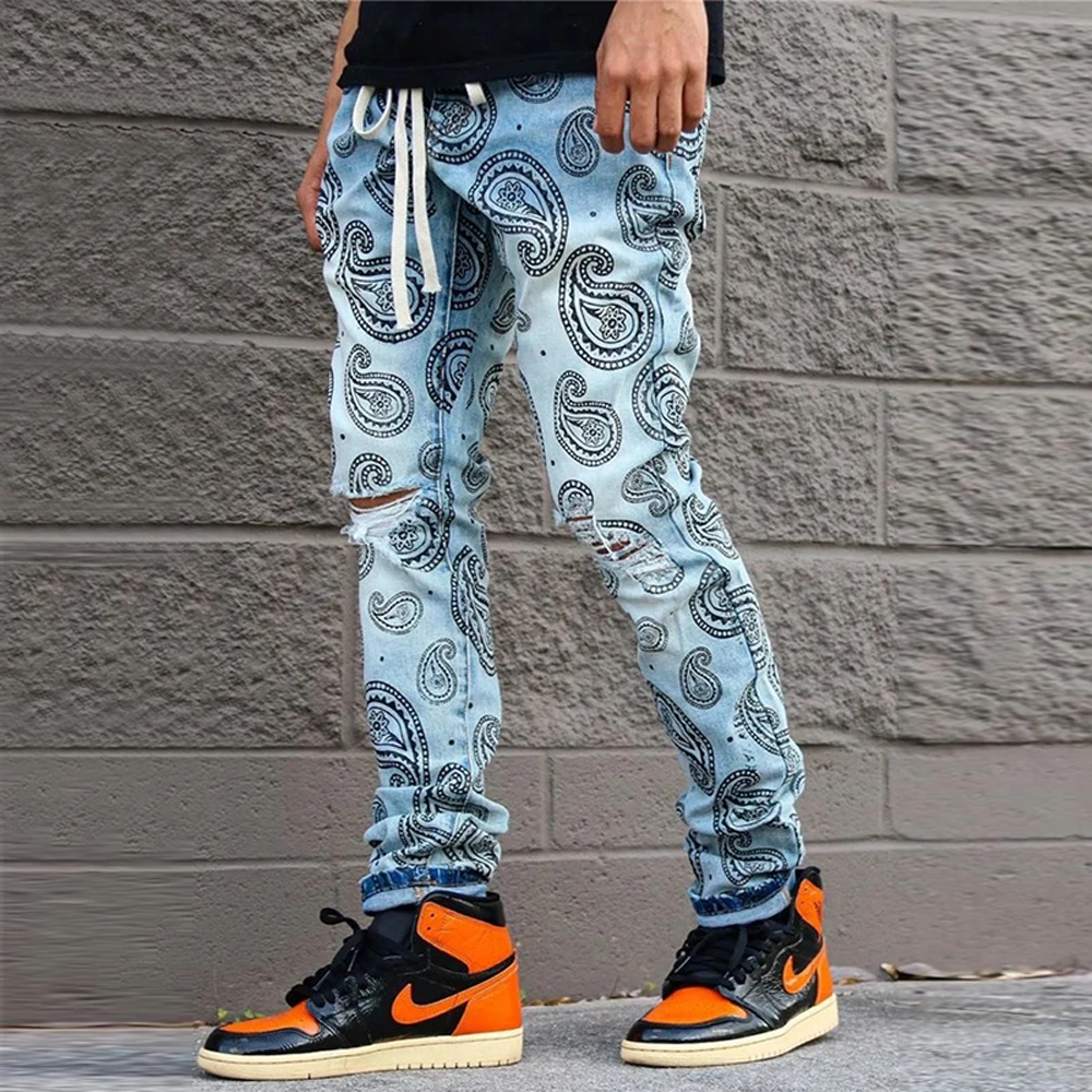 Spring and Summer Casual Men's Jeans Lace Up Youth Print Ripped Pants Men's Mid-Waist Straight Pencil Pants Plaid Denim Trousers