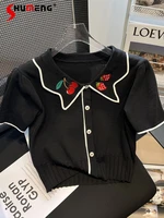 japanese sweet embroidery ice silk thin cardigans 2022 new womens summer thin doll collar black short knitted cardigan mujer