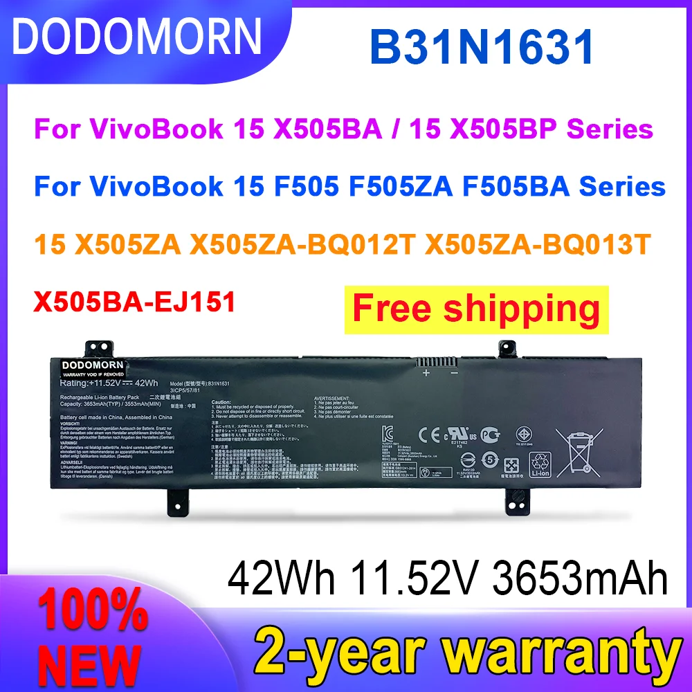 Новый аккумулятор DODOMORN B31N1631 для ASUS VivoBook 15 X505ZA X505BA X505BP F505 F505ZA F505BA X505ZA-BQ012T 42WH