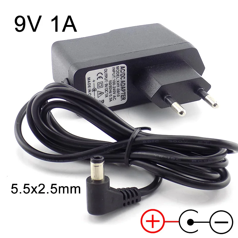 

AC 100V-240V to DC 9V 1A Power Adapter Cable Inside Negative AC Adaptor 1000ma Power Supply Plug Converter 5.5x2.5mm EU Plug