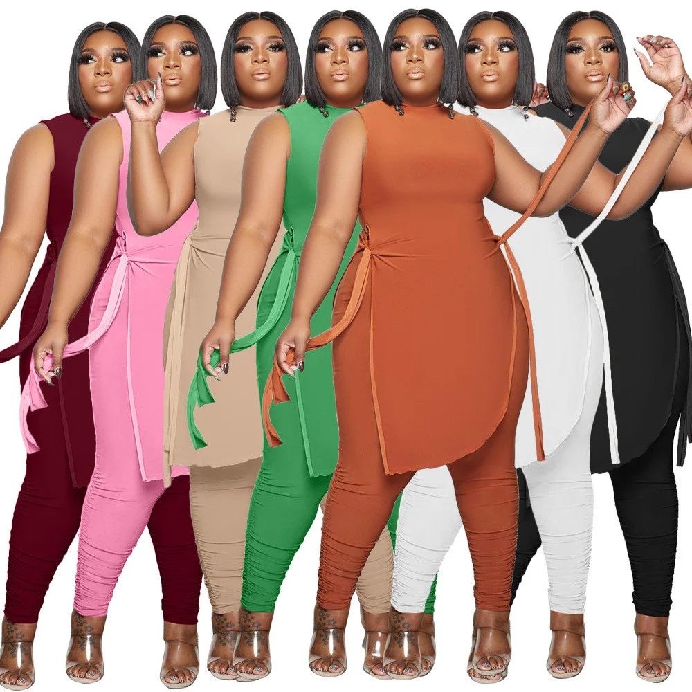 Plus Size Casual Women Clothing Two Piece Outfits Sleeveless Round Neck Bandage Crop Tops Pants Sets Wholesal 3xl 4xl 5xl 6xl