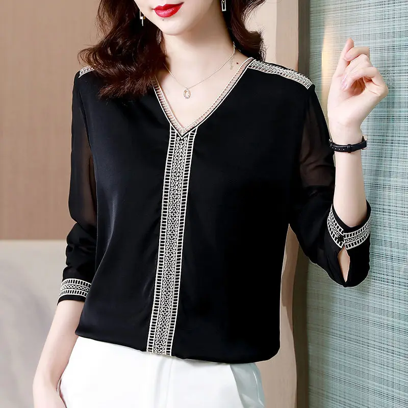 

Chiffon Blouse Shirt Spring Women's New V-neck Chiffon Bottoming Shirt Long Sleeve Lace Top Plus Size 3XL
