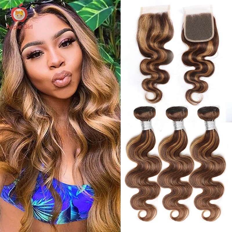 Highlight Body Wave Transparent Lace Closure With Bundles Brazilian Human Hair Bundles With Closure  Applegirl Remy Hair