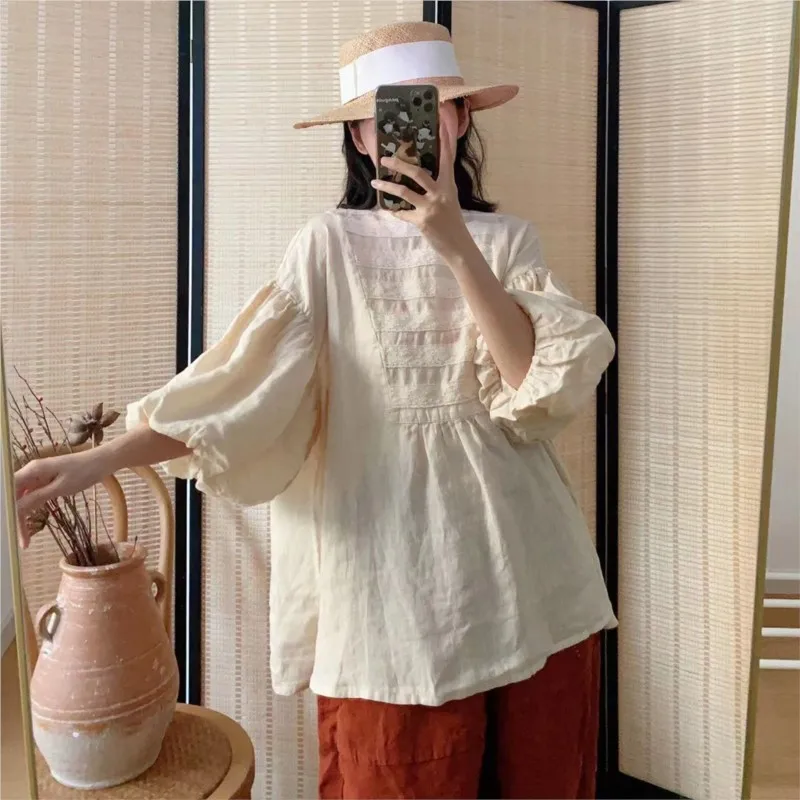 Женская кружевная блузка в стиле ретро Johnature однотонная Свободная рубашка с