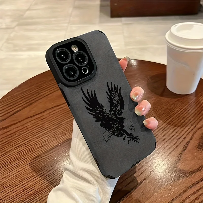 Фото Black Eagle Pattern Leather Silicone Phone Case for iPhone 17 16 15 14 13 12 11 Pro Max 16 Plus Air X XR XS Max Shockproof Cover №1