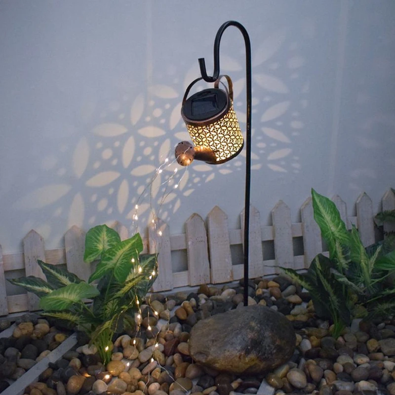Modern Water Proof Kettle Shower Solar Light Outdoor Garden Shower Light Iron Hollow Floor Lamp for Patio Park Lawn Lighting