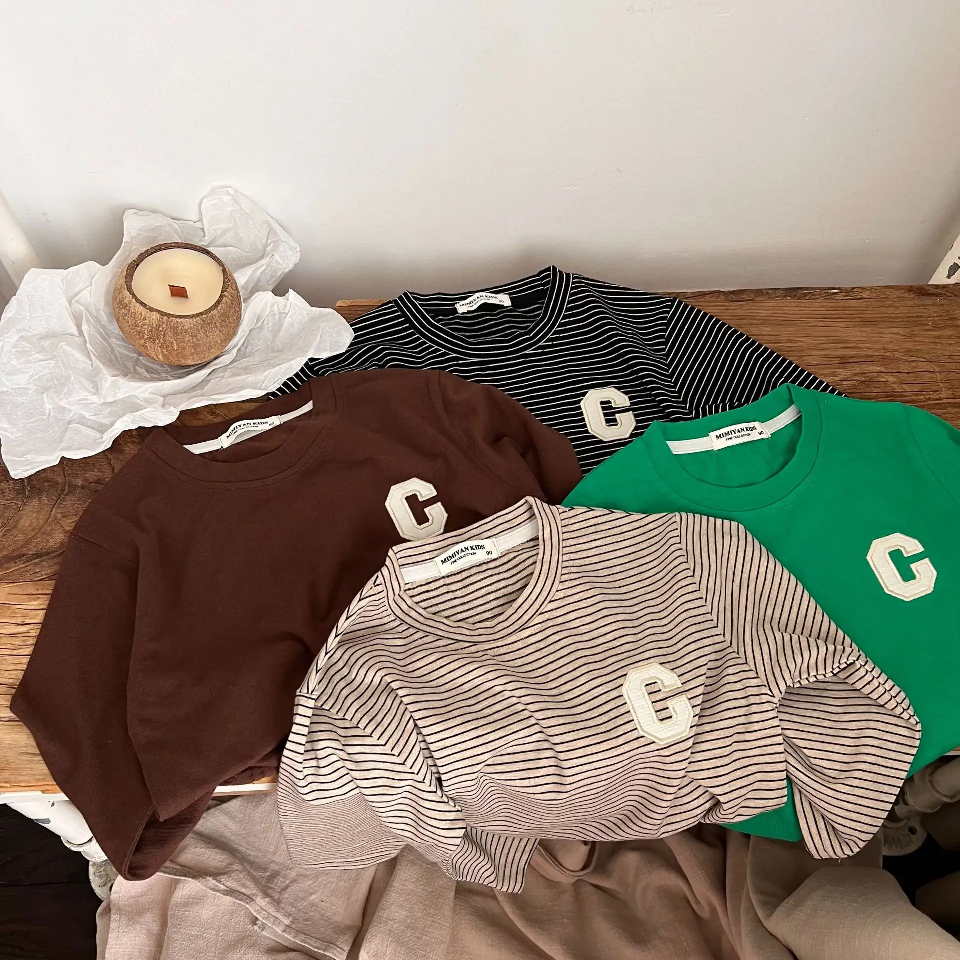 

Children's Clothes 2022 Autumn New Boys Girls Printed Letter Bottoming Top Baby Striped T-Shirt Trend