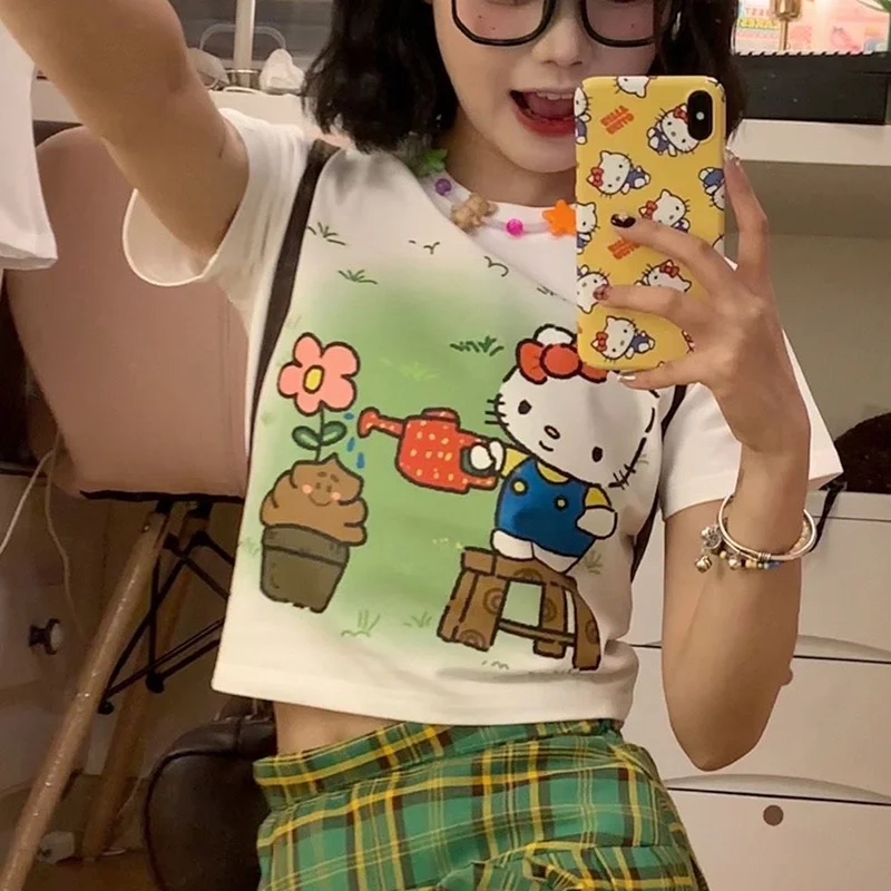 

Sanrio Hellokitty Kawaii мультфильм короткий рукав Y2K милая девушка аниме Чистый хлопок открытый пупок футболка одежда с коротким рукавом подарок