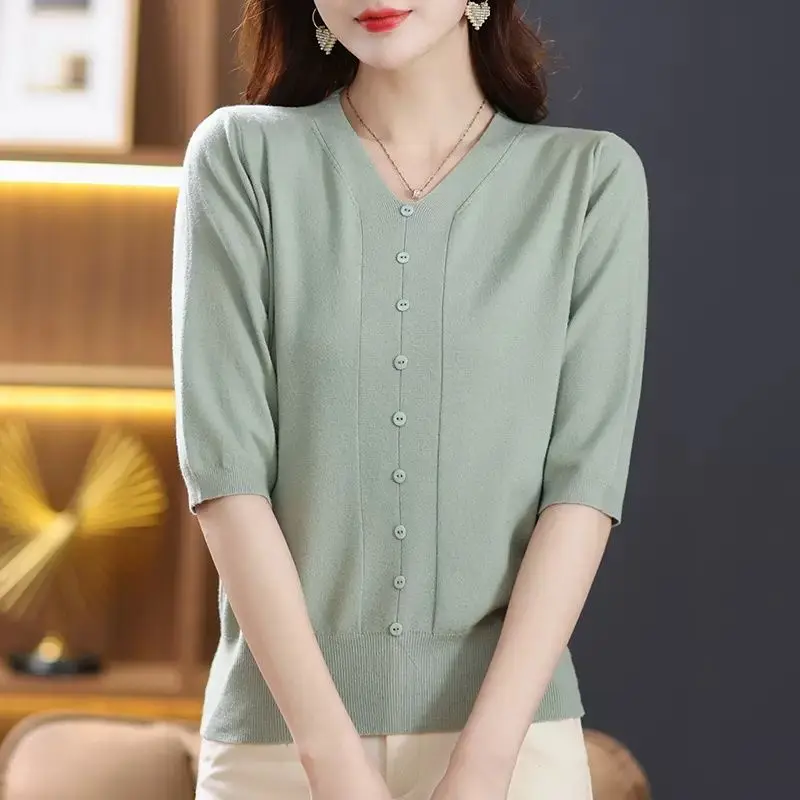 

Spring/summer Split Sleeve Knitted Top Women's 2023 New V-neck Pullover Thin Sweater