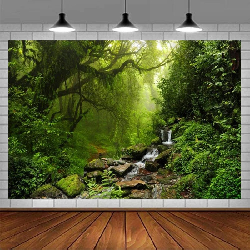 

Natural Scenery Photography Backdrop Evergreen Forest Jungle Rock Flowing Mountain Stream Rainforest Background Birthday Party