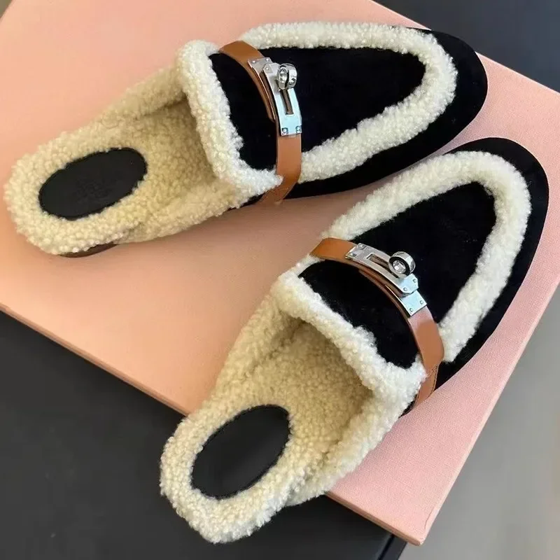 

2024 Winter Women Home Cotton Slippers Fur Warm Mules Designer New Flats Loafers Flip Flops Casual Botas Slingback Mujer Zapatos