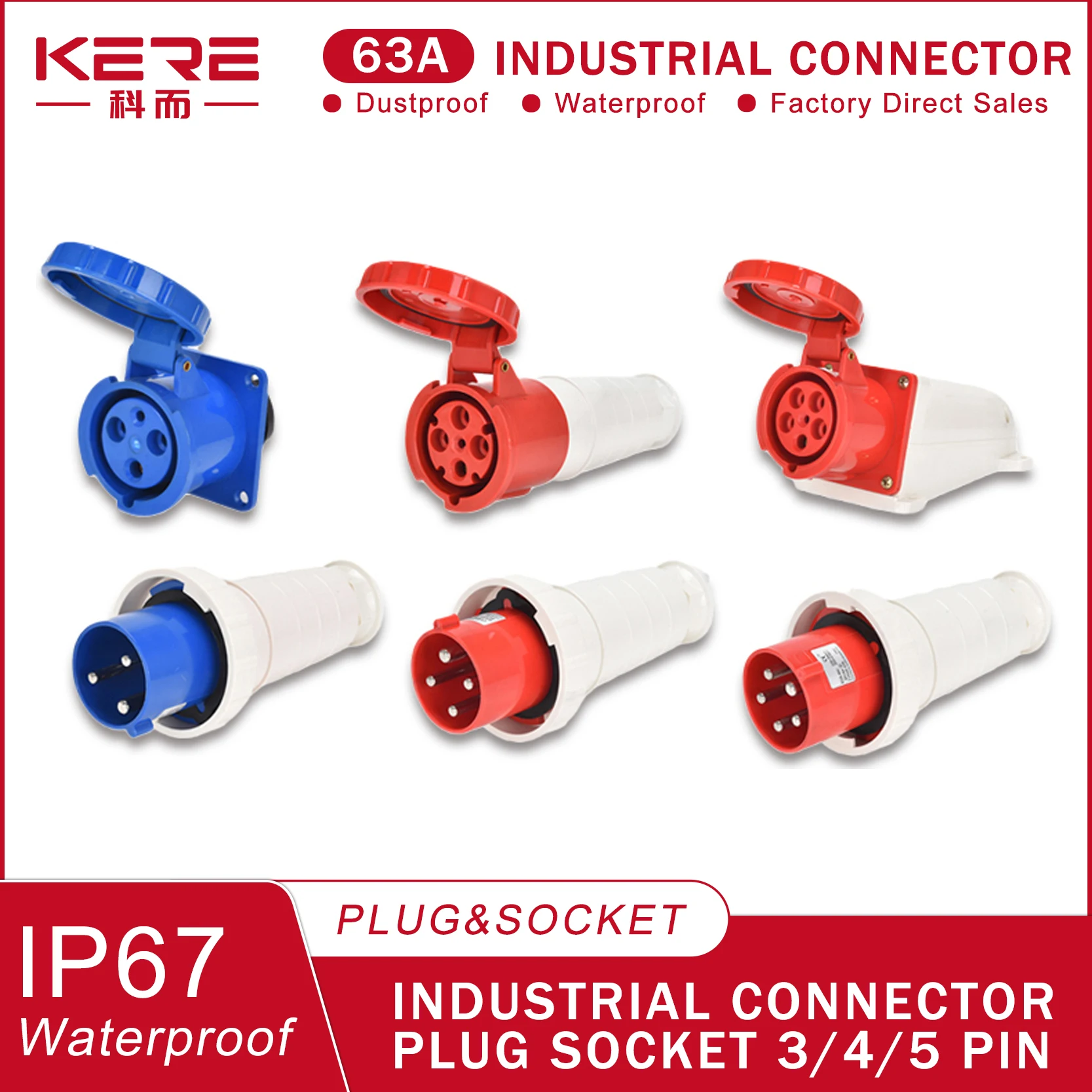 

KERE 63A Waterproof 3 Pole Electrical Plug 4Core 5 Pin Dustproof Socket IP67 Male&Female Mounted Industrial Connector 380V 415V