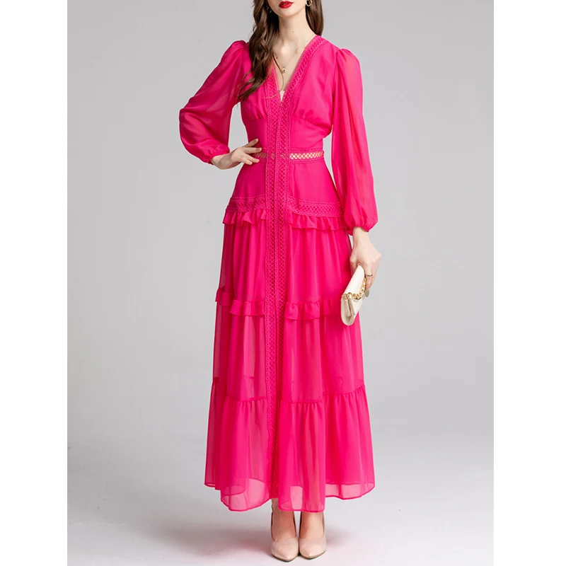 Vacation Bohemian Lace Patchwork Chiffon Long Dresses for Women 2023 Summer Boho Elegant Ruffles Long Sleeve Maxi Dress Pink
