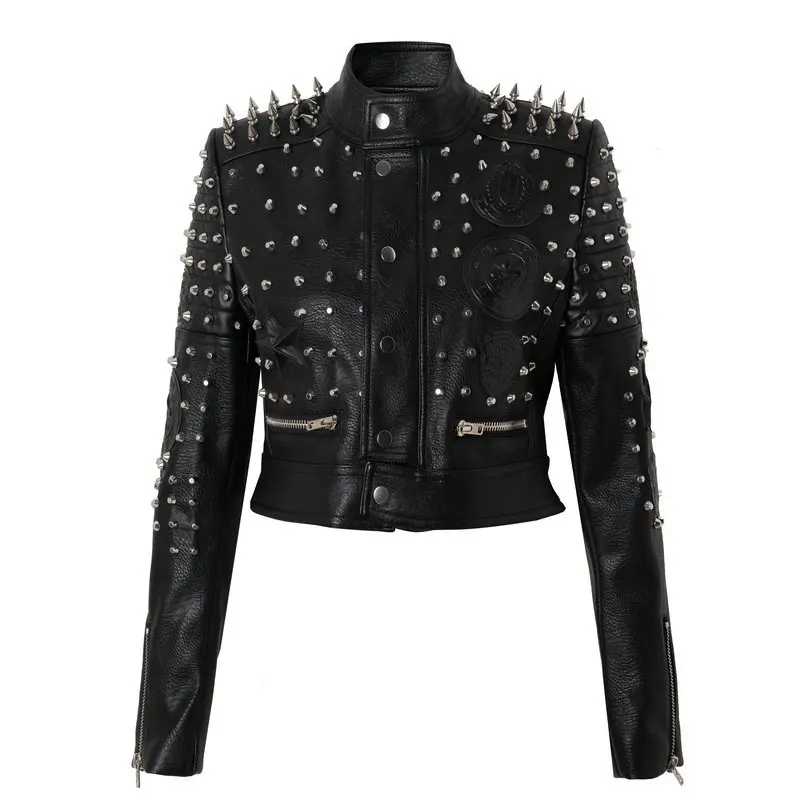 Ladies autumn and winter new street rock motorcycle punk style badge stitching heavy industry rivet short leather jacket