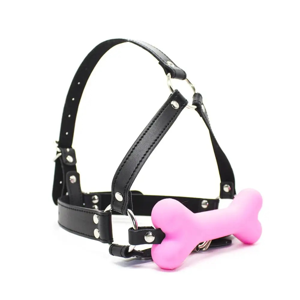 Cute Solid Leather Harness Mouth Silicone Dog Bone Ball Gag BDSM Mouth Plug Couples Flirting Sex Products toys Adult Games
