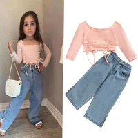 summer kids clothing kit 2022 girls pink short drawstring top denim wide leg pants two piece fashion kids clothes