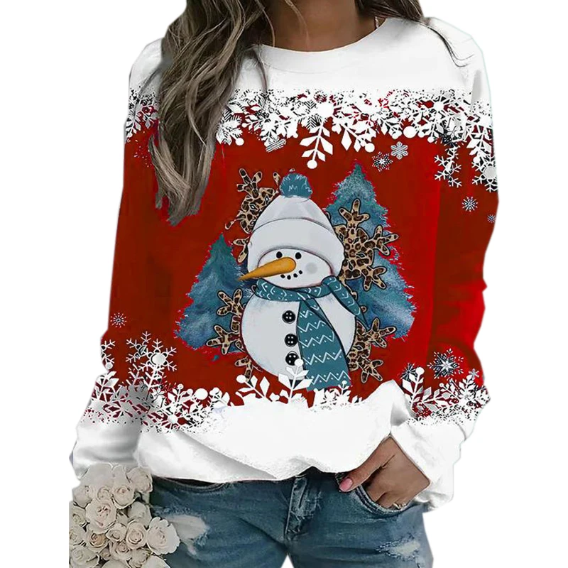 Red White Casual Pullovers 5XL Women Autumn Winter Long Sleeve O-neck Sweatshirts Merry Chirstmas Cotton Printed Sweatshirt Blue