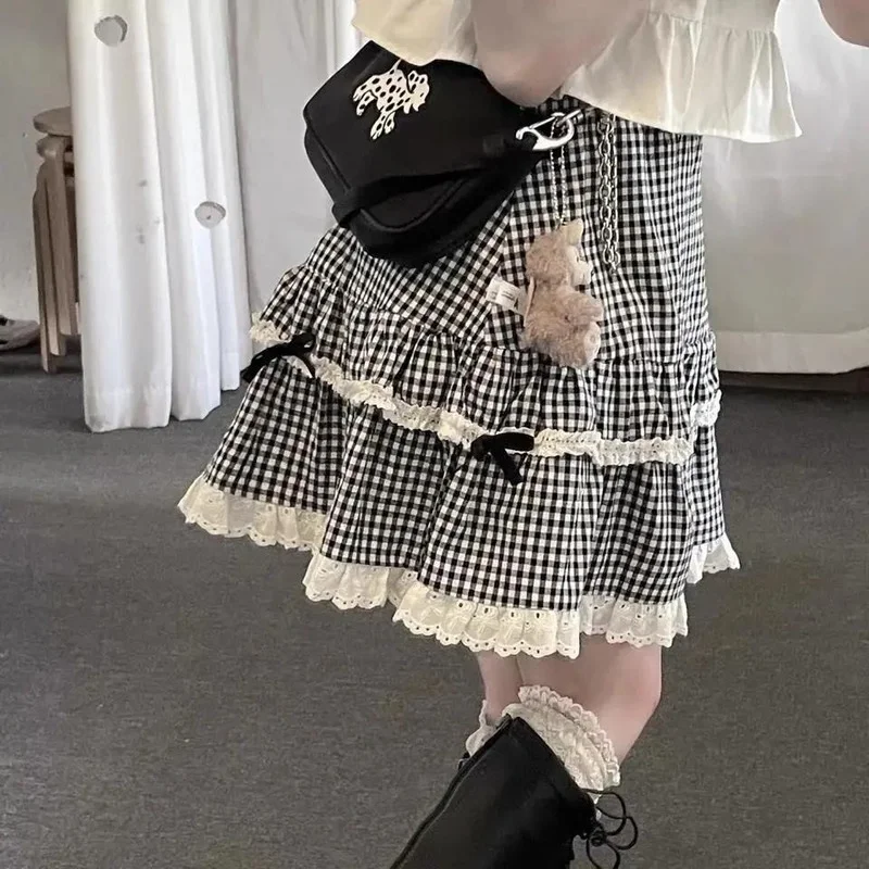 

Kawaii Plaid Skirt Women Ruffle Lace Patchwork Bow High Waist Lolita Skirt Harajuku Egirl Streetwear Japanese Soft Girl E73