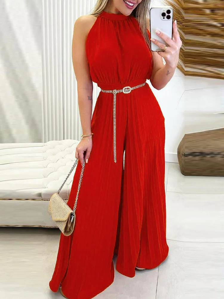 

Летний женский комбинезон без рукавов с широкими штанинами и поясом