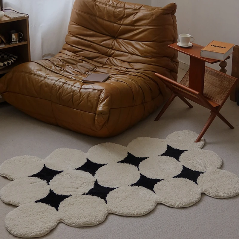 

Vintage Tufting Black White Rug Soft Fluffy Bedside Bedroom Carpet Plushy Area Floor Pad Doormat Aesthetic Home Room Decor