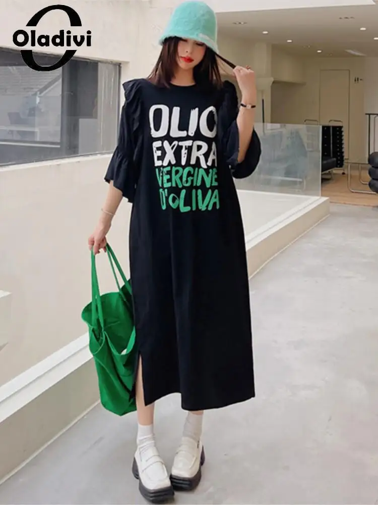 

Oladivi L-3XL Oversized Women Fashion Letter Print Ruffle Sleeve Cotton Dress Korean Lady Casual Loose Staight Midi Dresses 7221