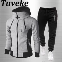 tuveke mens faith letters solid color print design fashion sportswear hooded set double zip lapel mens two piece