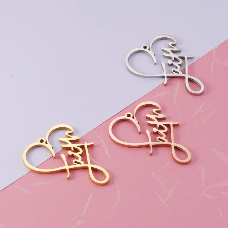 5pcs Stainless Steel Mirror Polish Heart Hollow Out FAITH Letter Pendant Wholesale DIY Couple Jewelry Making Finding Accessories