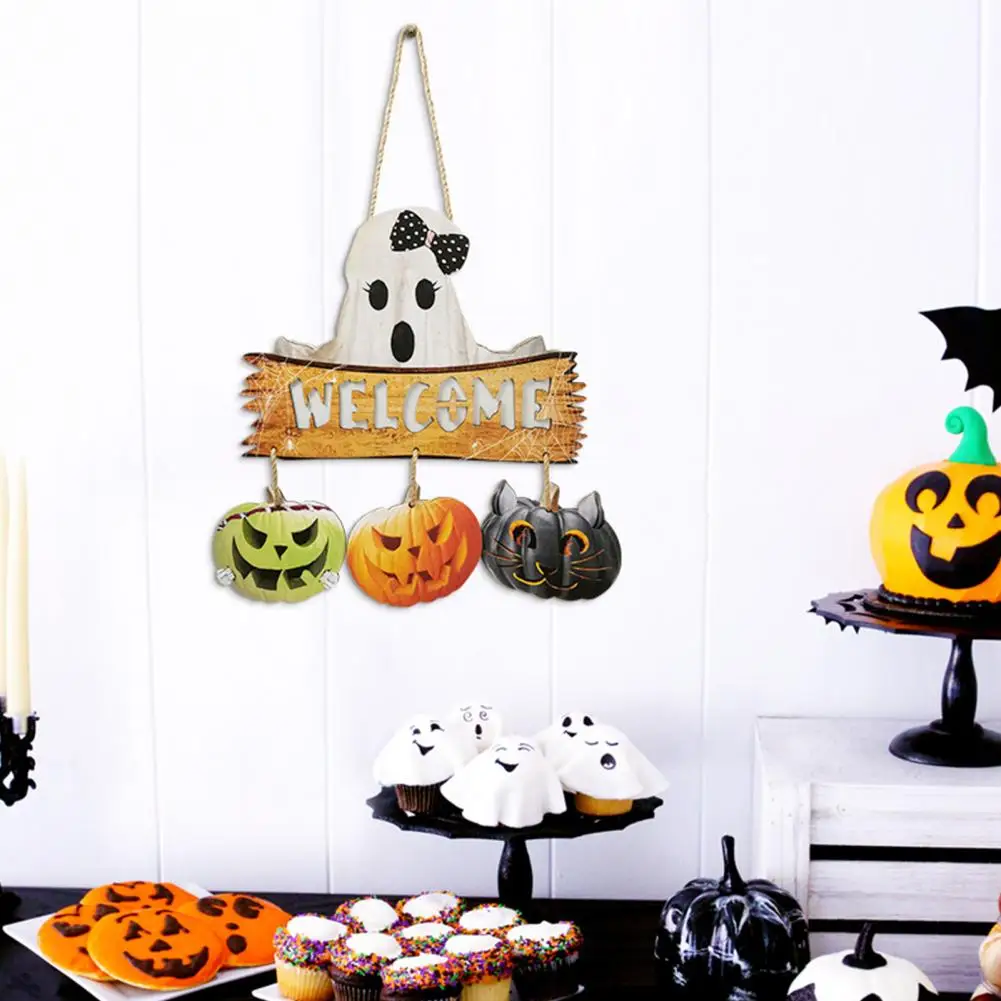 

High-density Board Halloween Tag Spooky Led Halloween Door Signs Wooden Pumpkin Ghost Wall Hangings with Lanyard for Indoor