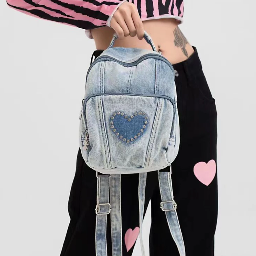Fashion Denim Women Backpack Heart  School Backpacks Diamonds Shoulder Bags for Women 2023 Small Canvas Book Bag Travel Bag Chic