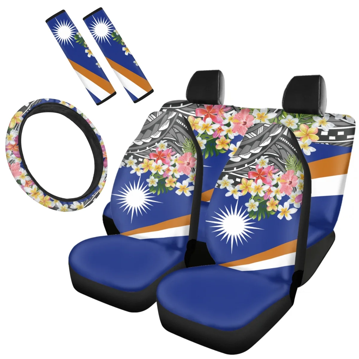 

Polynesian Hibiscus Frangipani Print Car Accessories Easy Install Washable Steering Wheel High Quality Front Back Seat Cover Set