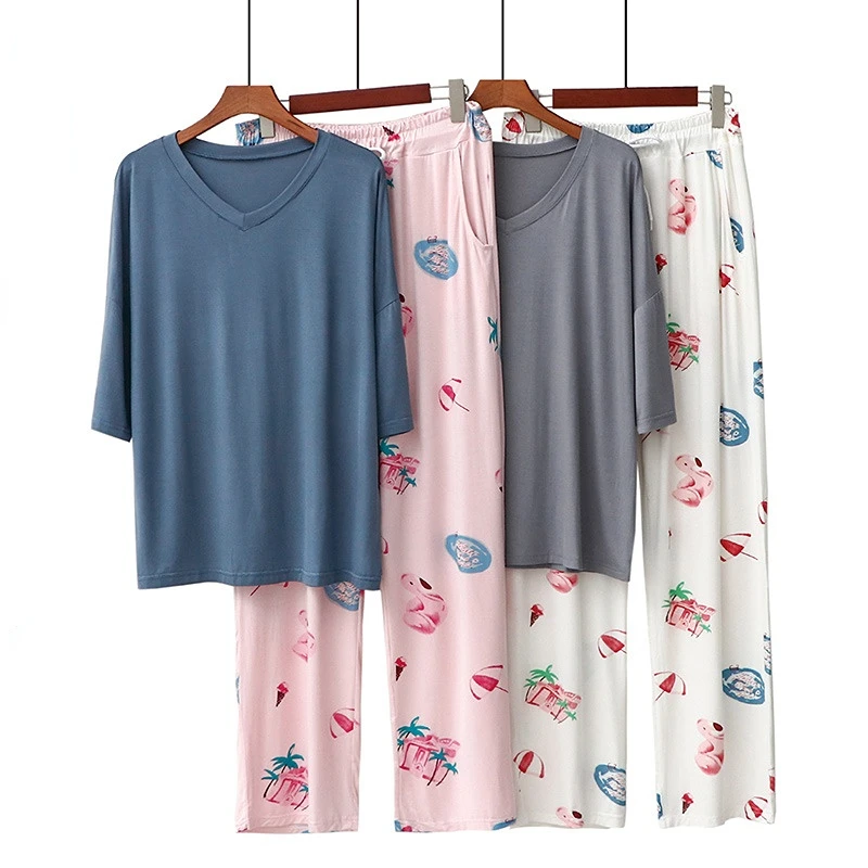 

Новинка весна-лето 2022, однотонные брюки из модала с V-образным вырезом и короткими рукавами, брюки с фламинго, Свободный Повседневный домашн...