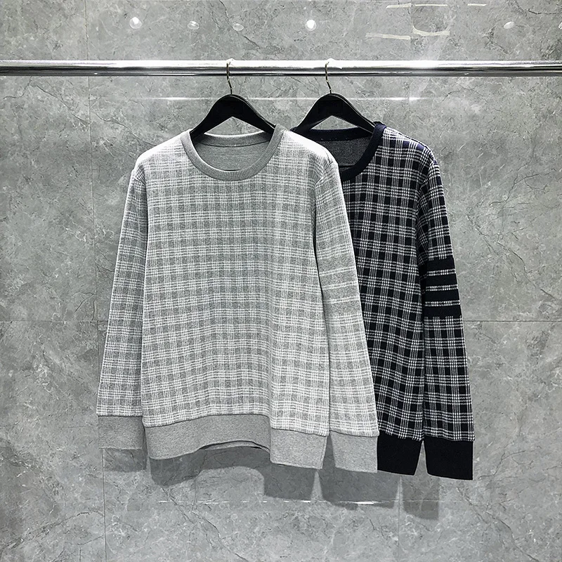 TB THOM Men's Sweatshirts Classic Cotton 4-bar Stripes Plaid Crewneck Pullover Coats Sweatshirts Korean Fashion Harajuku Sweats