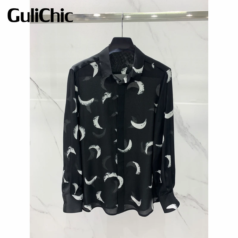 

1.10 GuliChic Vintage Crescent Moon Print Hidden Breasted Comfortable Silk Shirt Women