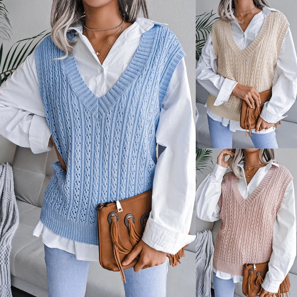 Autumn and winter 2022 V-neck hollow out fried dough twist casual knitting vest sweater vest women's wear