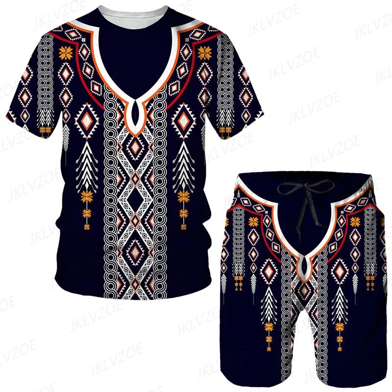 2023 African Summer Men's Short Sleeve T-shirt Suit 2-piece Street Wear 3D Printed Sports Beach Shorts Sportswear Loose Clothing