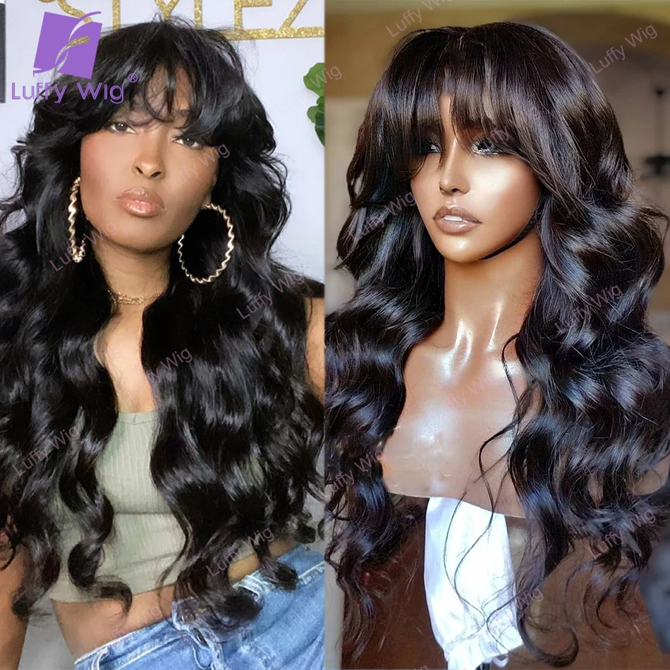 Long Wavy Human Hair Wig With Bangs Brazilian Remy Hair Machine Made O Scalp Top Wig 200 Density Glueless For Black Women LUFFY