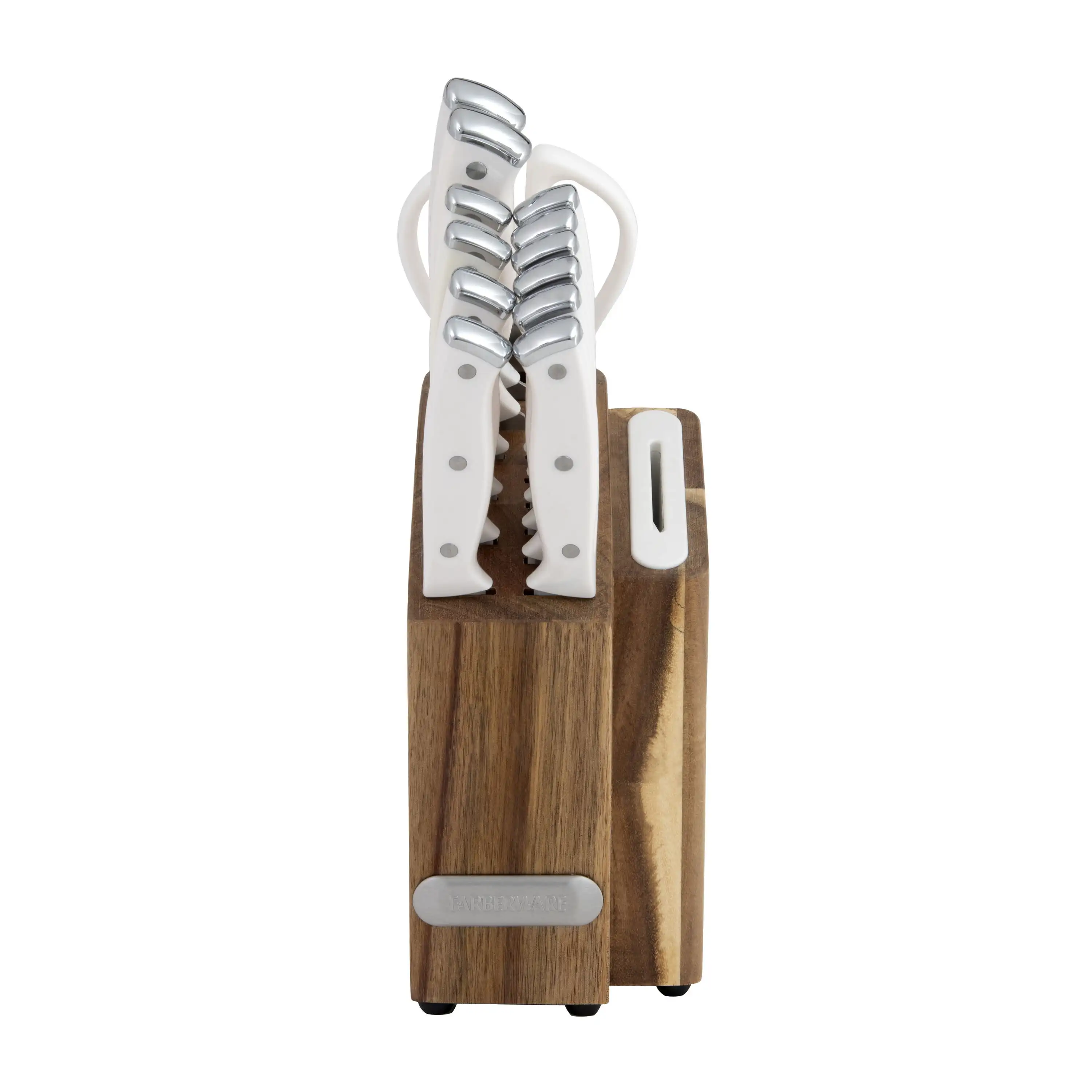 

Farberware Edgekeeper Triple Riveted Slim Acacia Knife Block Set with Built in Sharpener 14-piece in White